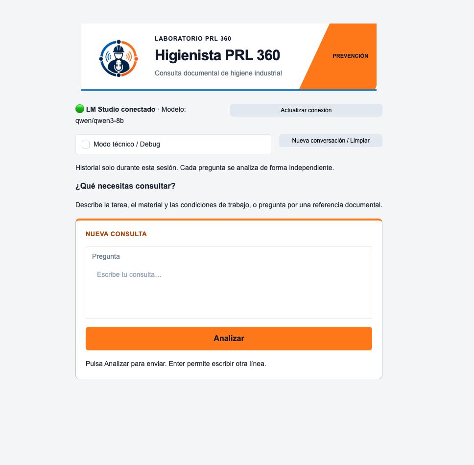 Interfície d’Higienista PRL 360, amb un camp per introduir consultes sobre higiene industrial i el botó «Analitzar».