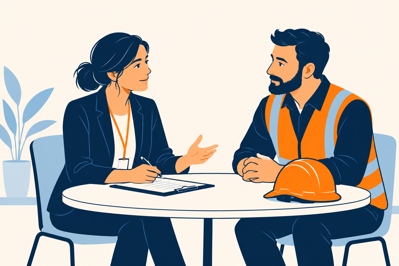 Ilustración de dos profesionales conversando sobre prevención